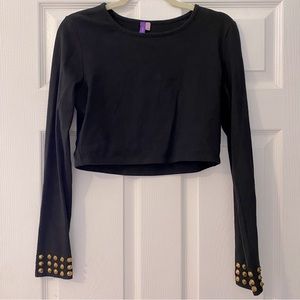 EMMA + SAM LONG SLEEVE BLACK CROP TOP WITH OPEN HEART BACK AND WRIST STUD DETAIL